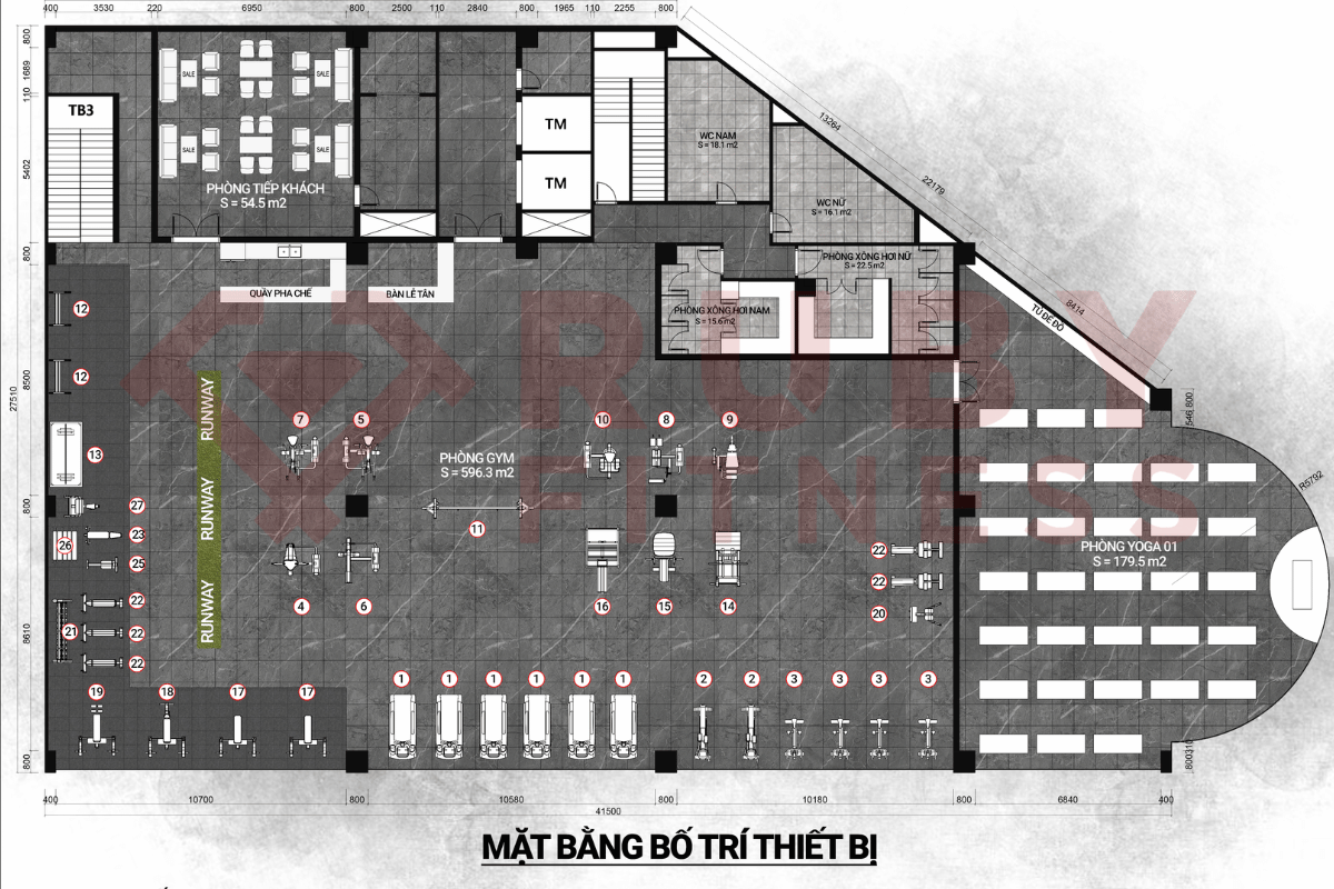 Thiết kế 2D phòng gym 1000m2