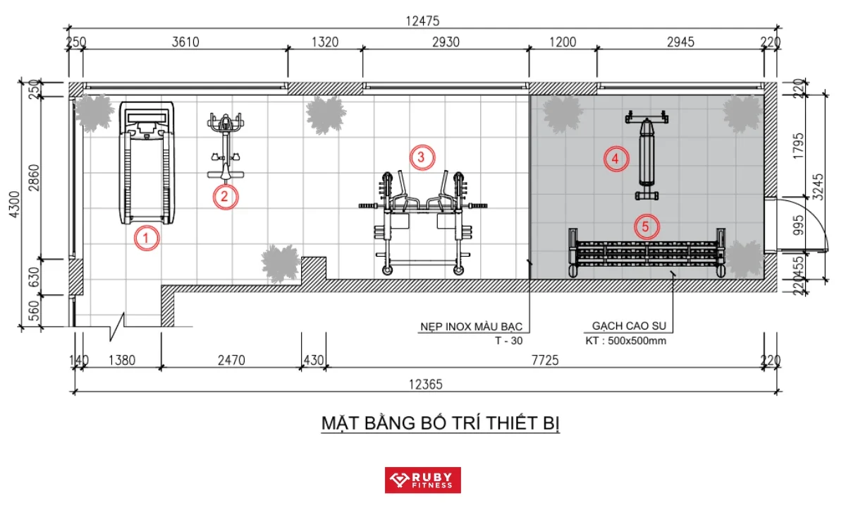 Hình ảnh thiết kế phân khu thiết bị của dự án phòng gym cho Khách sạn Venusgiti Hot Spring Resort & Spa